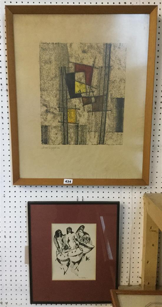 Jean Leppien (1910-1991), abstract colour lithograph on vellum paper, signed  & a monochrome sketch, indist. signed